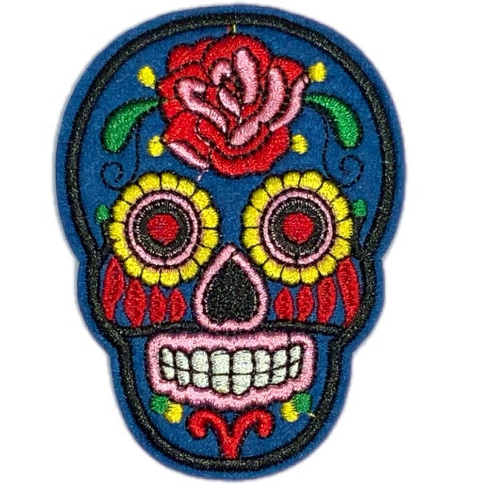 Blue Rose Sugar Skull Iron On Patch Dia de los Muertos Embroidered